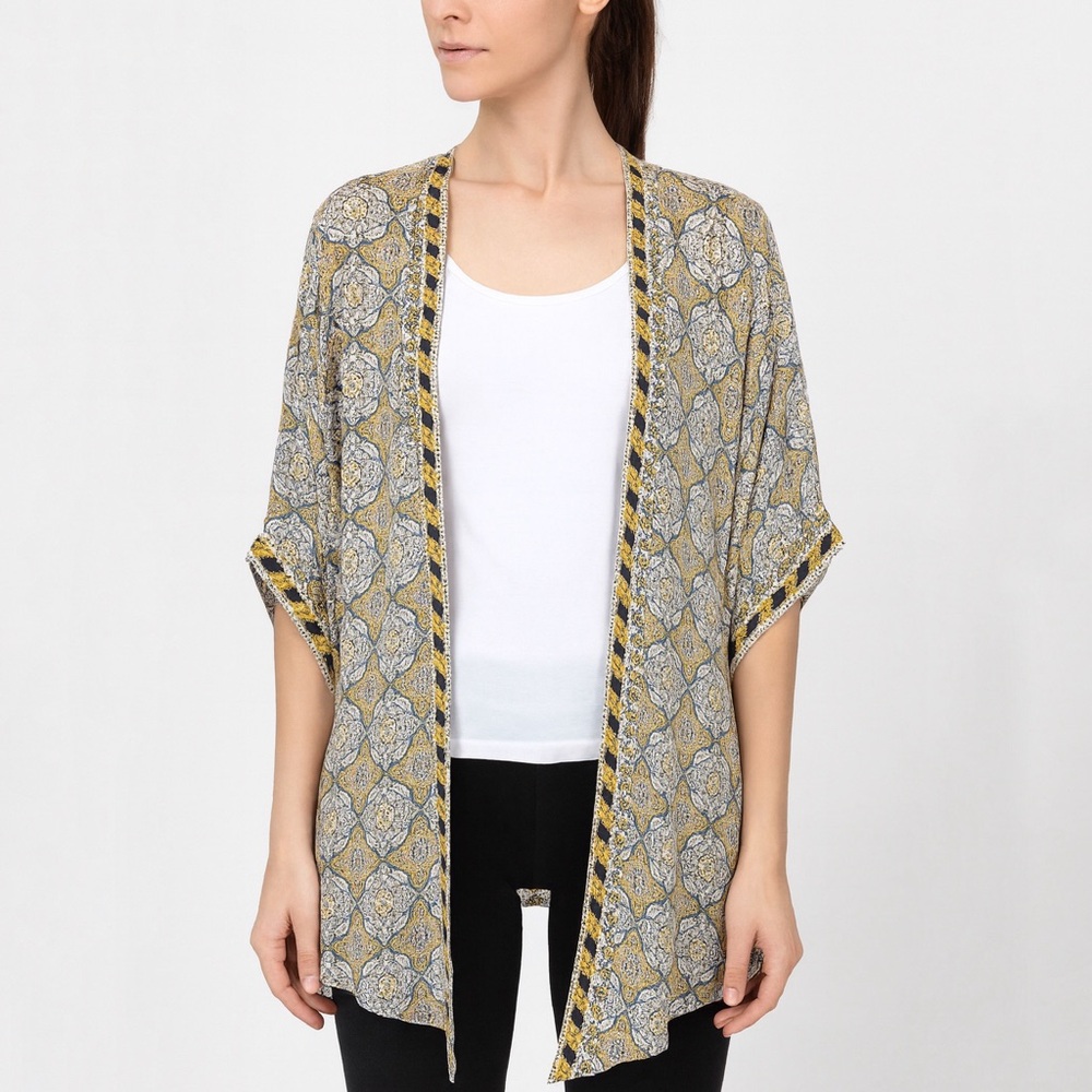 Allison Joy Mustard & Navy Embroidered Made in India Kimono Cardigan Size XS/S